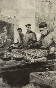 Munten tellen in de munt van Rome, Italië, gravure naar tekening van Dante Paolocci, uit L