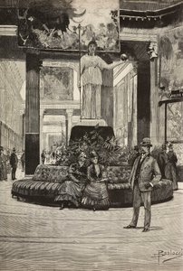 Tentoonstelling van stoffen en kant, Rotonda en Stoffengalerij, Rome, Italië, gravure naar tekening van Dante Paolocci, uit L