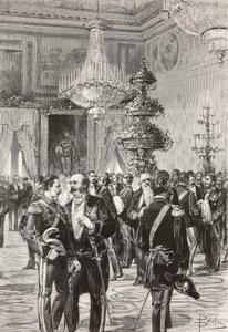 Italiaanse politici en officieren vieren oudejaarsavond in het Quirinaal Paleis, Rome, Italië, gravure door Centenari naar tekening van Dante Paolocci, uit L