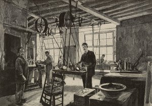 Mechanische werkplaats in de munt van Rome, Italië, gravure naar tekening van Dante Paolocci, uit L