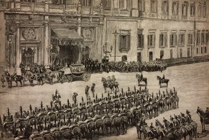 Opening van het Parlement, aankomst van koning Umberto I in Montecitorio, Rome, Italië, gravure naar tekening door Dante Paolocci, L