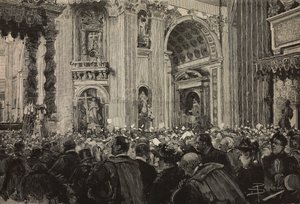 Pauselijke zegen ter gelegenheid van het Episcopaal Jubileum van Leo XIII, Sint-Pietersbasiliek, Vaticaan, gravure naar tekening van Dante Paolocci, uit L