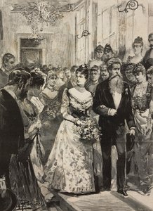 Koningin Margherita van Savoye op feest van de Artistieke Club (Circolo Artistico) van Rome, vergezeld door beeldhouwer Giulio Monteverde, Italië, gravure naar tekening van Dante Paolocci, uit L