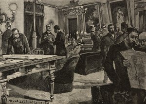 Leeszaal in Palazzo Montecitorio, Rome, Italië, gravure naar tekening van Dante Paolocci, uit L