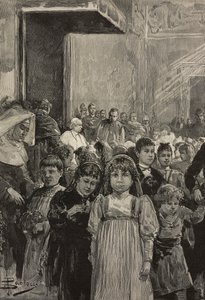 Ontvangst van kinderen bij jubileumvieringen van paus Leo XIII, Vaticaan, gravure naar tekening van Dante Paolocci, uit L