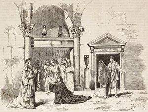 Kabinet van de Opperste Pontifex in het paleis, Postumia smeekt Fabio Massimo, Rome Vaincue door Alexandre Parodi, Act V, gravure door Dante Paolocci naar schetsen van Zandomenico, uit L