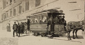 Tram naar Sint-Pieter ter gelegenheid van het Episcopaal Jubileum van Leo XIII, Rome, Italië, gravure naar tekening van Dante Paolocci, uit L