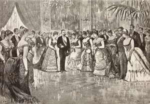 Umberto I (1844-1900), Koning van Italië, en zijn vrouw Margherita van Savoye (1851-1926) op bal in Quirinal Paleis, Rome, Italië, gravure naar tekening van Dante Paolocci, uit L