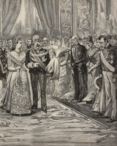 Umberto I en Margherita van Savoye bij concert ter gelegenheid van hun zilveren huwelijk, Palazzo del Quirinale, Rome, Italië, gravure naar tekening van Dante Paolocci
