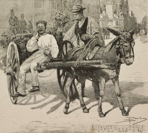 Waterverkoper (acquarolo), die water verkoopt van de Acetosa-fontein in de straten van Rome, Italië, gravure naar tekening van Dante Paolocci, uit L