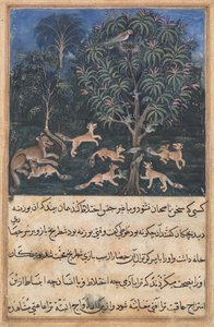 Pagina uit Verhalen van een papegaai Tuti-nama: Vijfde nacht: De papegaaienmoeder waarschuwt..., c. 1560