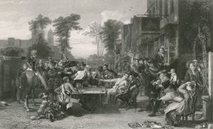 Chelsea-pensionarissen lezen de gazette van de Slag bij Waterloo door David (after) Wilkie
