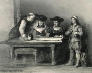 Christopher Columbus (1451-1506) in het klooster van la Rabida uit 