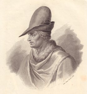 Portret van Italiaanse militaire leider Uguccione della Faggiola (1250-1319), kopergravure door Caterina Piotti-Pirola door John Ward Dunsmore