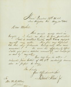 Brief ondertekend door David Allan, Jr., Hoofdkwartier 29e M.V.I., nabij Kingston, Ga., aan zijn moeder Mevr. M.A. Allan, St. Louis, Mo., 20 mei 1864 door David Allan