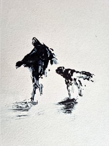 Wandeling met een hond in zwart-wit