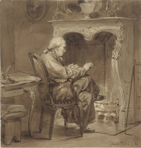 Oude man warmt zich bij de haard
