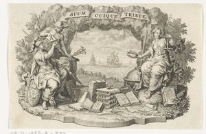 Vignet met Mercurius, Minerva en Rechtvaardigheid door David Coster