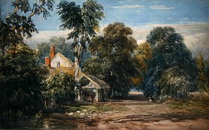 Een huisje en schuur aan de rand van een bos door David Cox