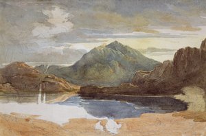 Een meer in Noord-Wales, Snowdon in de verte door David Cox