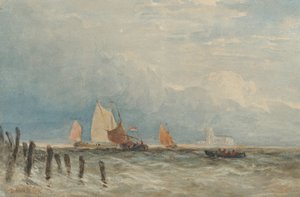 Nederlandse vissersschepen voor de kust, met Grote Kerk, Dordrecht in de verte door David Cox