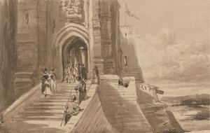 Figuren op de buitentrap van een kasteel door David Cox