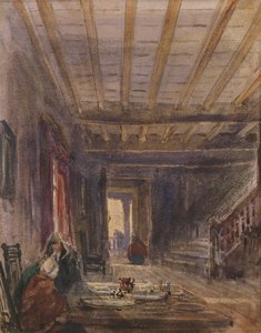 Interieur met figuren aan een tafel