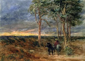Reizigers naderen een wegwijzer op een heide, 1851 door David Cox
