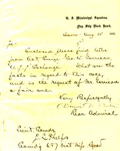 Brief van David D. Porter, U. S. S. Black Hawk, Cairo, Illinois, aan Seth Ledyard Phelps, 25 augustus 1863