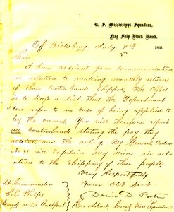 Brief van David D. Porter, U.S.S. Black Hawk, bij Vicksburg, aan Seth Ledyard Phelps, commandant van de U.S.S. Eastport, 9 juli 1863 door David D. Porter
