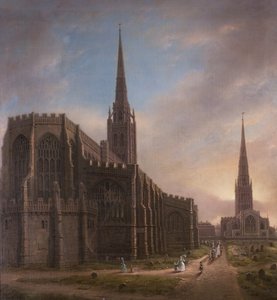 St. Michaels en Heilige Drie-eenheid Kerken, vanuit het noordoosten, Coventry, 1849