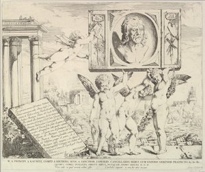 Titelpagina: Eerbetoon aan Mantegna, uit Het verhaal van de heiligen Jacobus en Christoffel in de Ere door David Giovanni