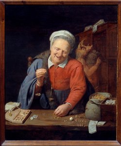 De goudweger. Een oude vrouw weegt goudstukken terwijl op de achtergrond een man met een zwijnenkop zakken in de kast opbergt. Schilderij door David III Ryckaert (1612-1661)