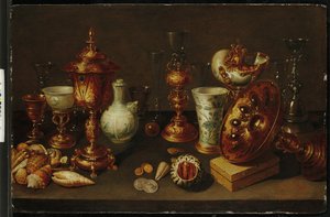 Stilleven met schelpen, met nautilus, vazen, glazen en koraaltakken door David II Ryckaert