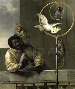 Zwarte man met papegaaien en apen, 1670