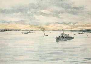 Een torpedobootjager in een haven, illustratie uit 