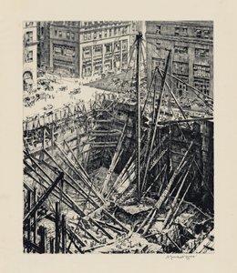 Een opgraving in Manhattan door David Muirhead Bone