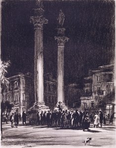 Een goedkope koopman tussen de Romeinse zuilen van de Almeda de Hercules, Sevilla door David Muirhead Bone