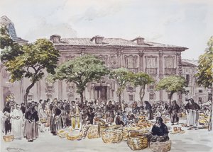 Markt buiten een paleis, Oviedo door David Muirhead Bone