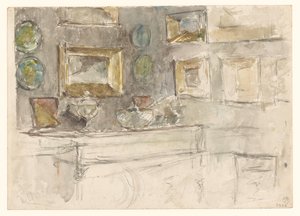 Hoek van een kamer met schilderijen aan de muur door David Oyens