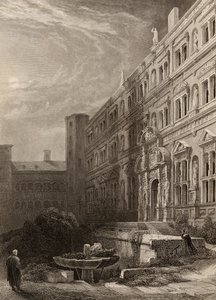 De grote binnenplaats van Heidelberg, gegraveerd door H. Winkles, illustratie uit 