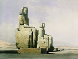 Thebe, 4 december 1838, detail van de kolossen van Memnon, plaat 12 uit Deel I van Egypte en Nubië, gegraveerd door Louis Haghe