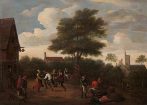 Boeren dansen buiten de Crescent Tavern door David Teniers (II) (manner of)