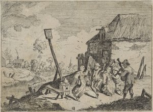 Dansende boeren bij een herberg
