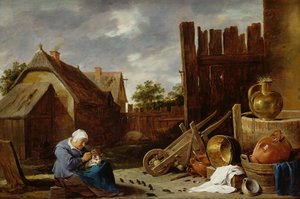 Een kat verzorgd door een oude vrouw door David Teniers the Younger