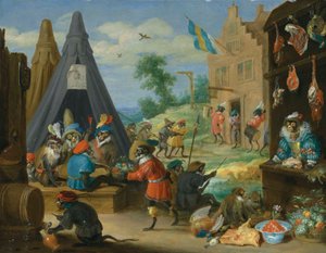 Een apenfestival (apen verkleed als soldaten in een kampement bij een stad)