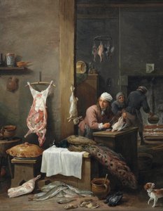 Een keukeninterieur met een kok die wild bereidt aan een tafel (Le Cuisinier Flamand)