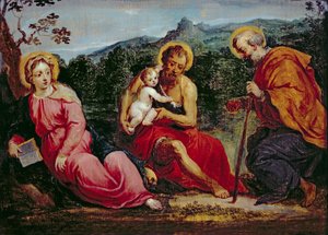 Heilige Familie en St. Johannes de Doper, naar een origineel van Paris Bordone door David Teniers the Younger