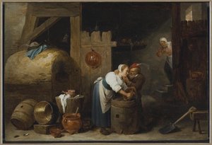 Interieur met een jonge vrouw die potten schrobt terwijl een oude man haar lastigvalt