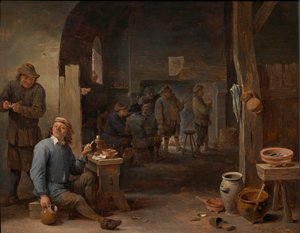 Het interieur van een herberg met rokende boeren bij een tafel en converserend voor een vuur